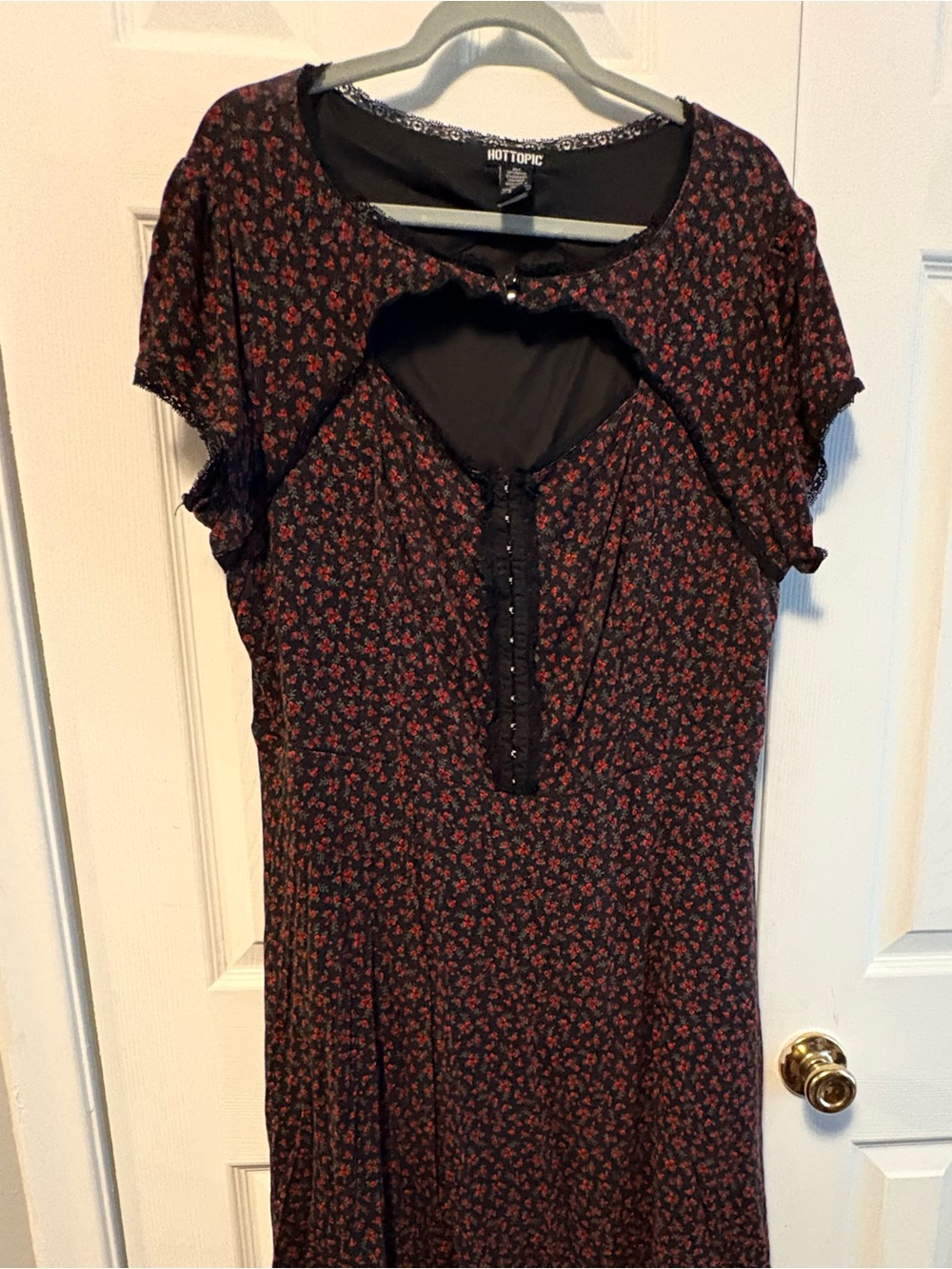 Hot Topic Black Dress with Small Red Floral Print and Cutout
